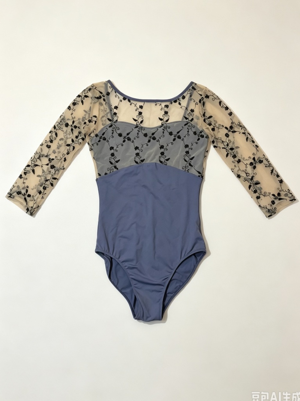VONSU Slate Blue Floral Mesh 3/4 Sleeve Ballet Leotard Size m